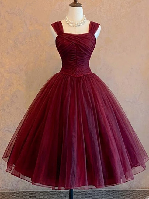 Elegant Straps Ruched Bodice Tea Length Party Dress, Tulle Homecoming Dress Short Formal Dress