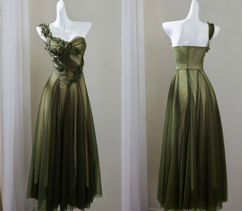 Green Tulle A-Line One Shoulder Formal Evening Dress, Green Long Prom Dress with Flowers