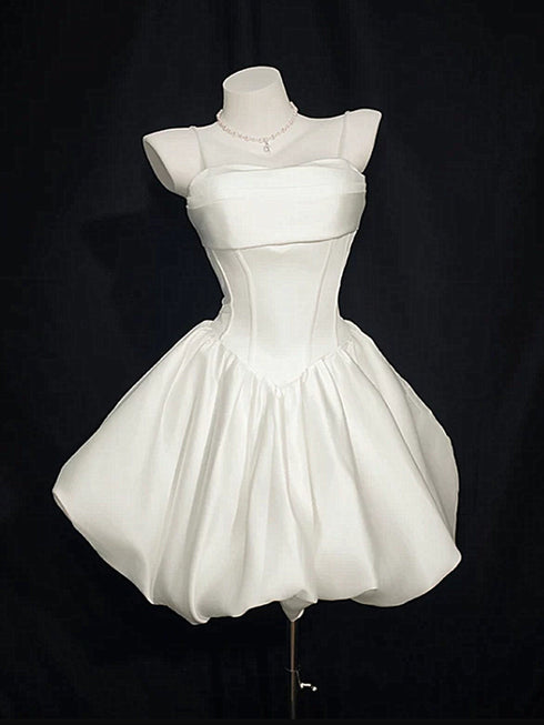 Strapless White A-Line Short Graduation Dress, Chic White Satin Mini Dress