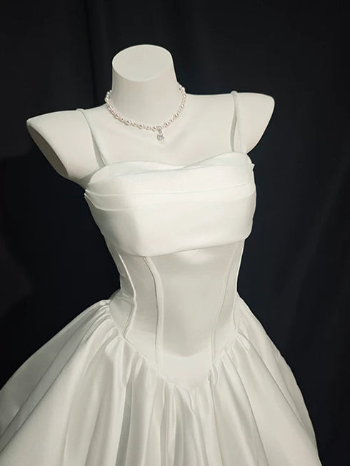 Strapless White A-Line Short Graduation Dress, Chic White Satin Mini Dress