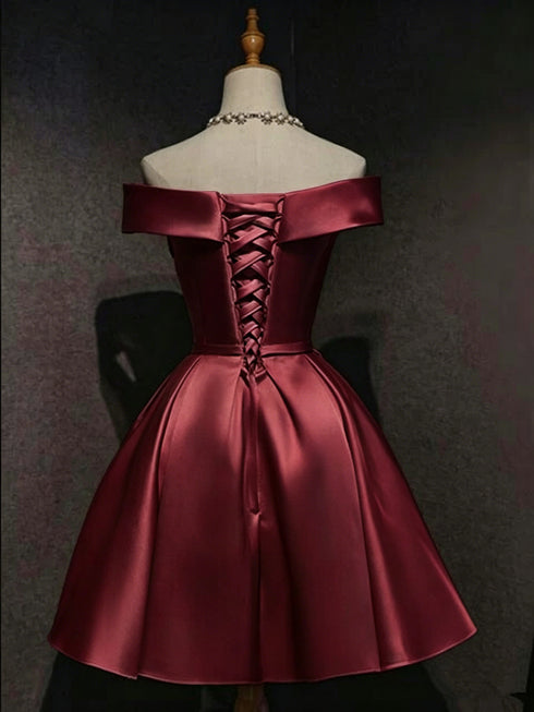 Wine Red Satin Off Shoulder Knee Length Party Dress, Wine Red Off Shoulder Homecoming Dress