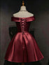 Wine Red Satin Off Shoulder Knee Length Party Dress, Wine Red Off Shoulder Homecoming Dress