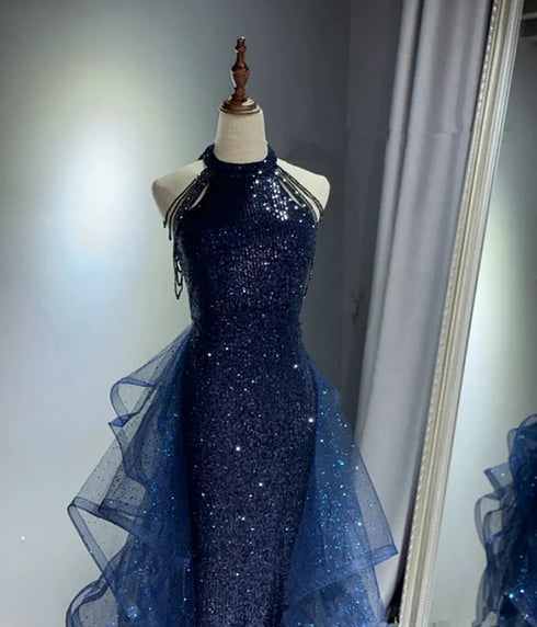 A-line Navy Blue High Low Sequins with Tulle Homecoming Dress, Navy Blue Formal Dress