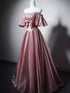 Pink Beaded Satin Off Shoulder Scoop Long Prom Dress, Pink A-line Wedding Party Dress