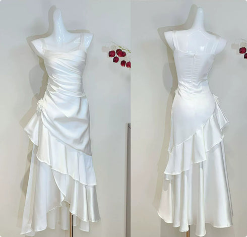 White Satin High Low Party Dress with Ruching and Tiered Ruffle, White Wedding Party Dress