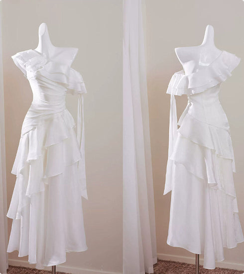 Elegant One Shoulder Ruffle White Sparkling Tiered Party Dress, White Satin Long Prom Dress