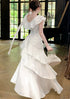 Elegant One Shoulder Ruffle White Sparkling Tiered Party Dress, White Satin Long Prom Dress