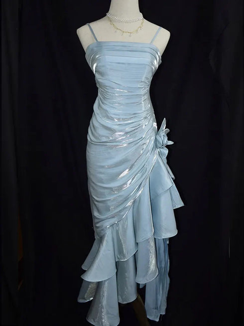 Light Blue Spaghetti Straps High Low Party Dress, Chci Light Blue Layers Evening Dress