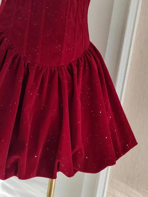Glitter Wine Red Velvet Strapless Mini Dress, A-line Wine Red Velvet Homecoming Dress
