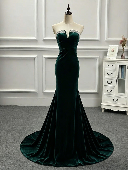 Elegant Velvet Green Mermaid Strapless Long Formal Dress, Green Wedding Party Dress
