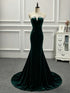 Elegant Velvet Green Mermaid Strapless Long Formal Dress, Green Wedding Party Dress
