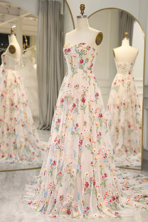 Elegant Ivory Floral Tulle Sweetheart Strapless Long Evening Dress, Tulle A-Line Prom Dress