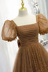 Brown A-line Tulle Square Neck Puff Sleeve Prom Gown, Lovely Floor Length Evening Dress