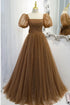 Brown A-line Tulle Square Neck Puff Sleeve Prom Gown, Lovely Floor Length Evening Dress