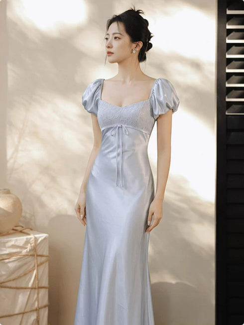 Light Grey Satin Square Neck Long Prom Dress, Short Puff Sleeve Evening Gown Party Dress