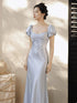 Light Grey Satin Square Neck Long Prom Dress, Short Puff Sleeve Evening Gown Party Dress