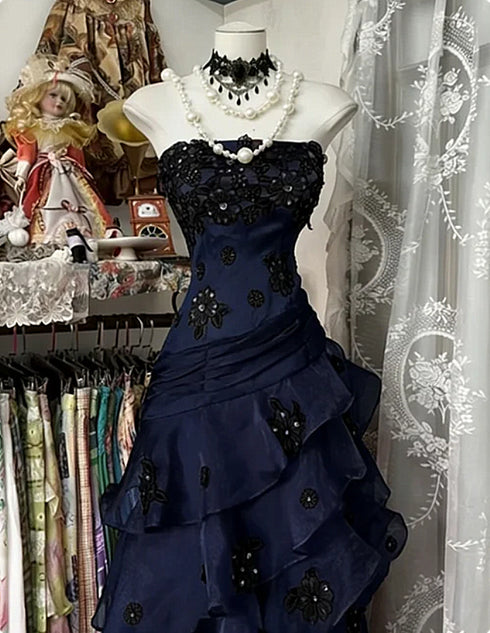 A-line Navy Blue Organza Layers Strapless Prom Dress with Lace, Navy Blue Floor Length Formal Gown