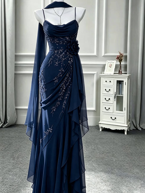 Navy Blue Spaghetti Strap Sweetheart Neckline Prom Dress, Ruched Bodice Chiffon Party Dress