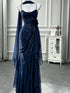 Navy Blue Spaghetti Strap Sweetheart Neckline Prom Dress, Ruched Bodice Chiffon Party Dress