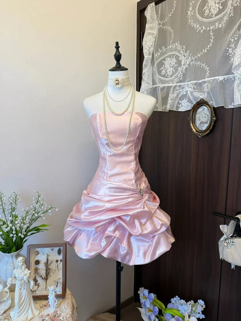 Pink Strapless Satin Ruched Mini Homecoming Dress, Cute Pink Short Party Dress Formal Dress