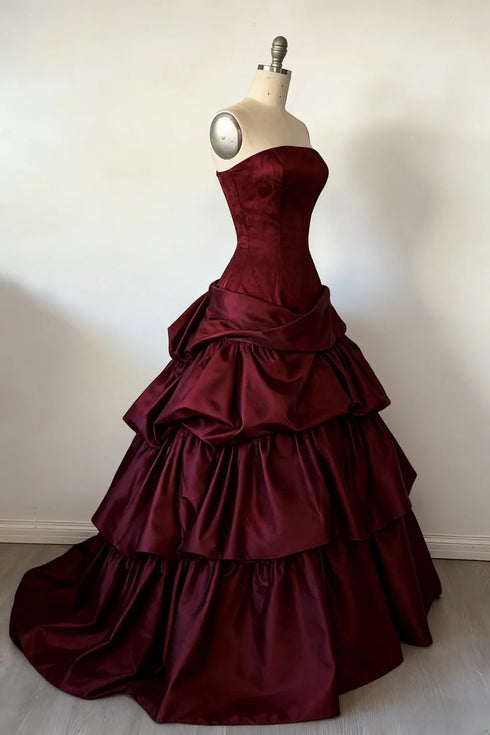 Wine Red Strapless Tiered Satin Prom Dress, Ruffle Ball Gown Long Formal Dress Evening Gown