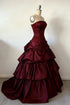 Wine Red Strapless Tiered Satin Prom Dress, Ruffle Ball Gown Long Formal Dress Evening Gown