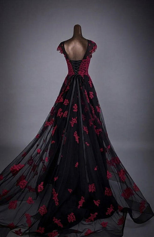 Charming Black Tulle with Red Lace Gothic Party Dress, A-line Cap Sleeves Long Prom Dress