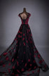 Charming Black Tulle with Red Lace Gothic Party Dress, A-line Cap Sleeves Long Prom Dress
