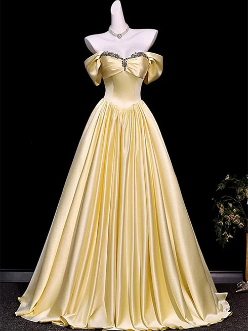 Light Yellow Beaded Sweetheart Off Shoulder Party Dress, Light Yellow Long Formal Dress