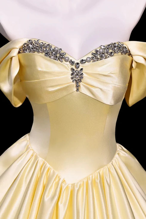 Light Yellow Beaded Sweetheart Off Shoulder Party Dress, Light Yellow Long Formal Dress