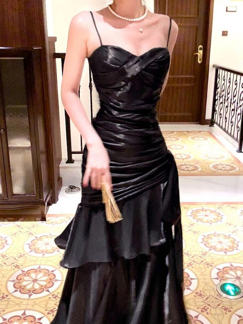 Black Satin Straps Layers Floor Length Prom Dress, Black Sweetheart Long Evening Dress Formal Dress