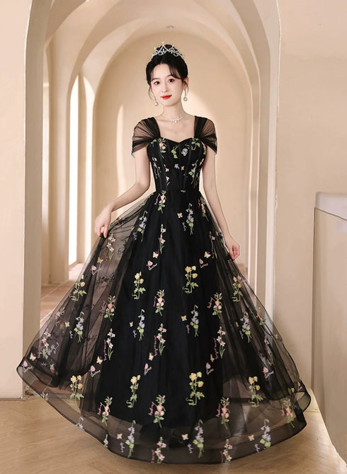 Black Floral Off Shoulder Tulle Long Prom Dress, Black Evening Dress