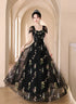 Black Floral Off Shoulder Tulle Long Prom Dress, Black Evening Dress