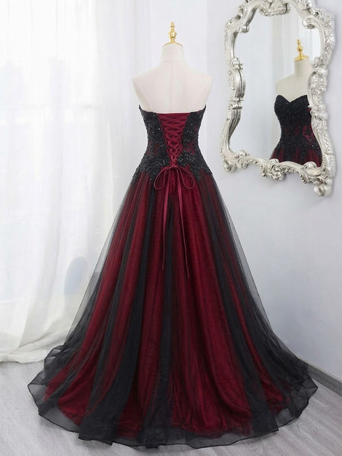 Black and Red Gothic Sweetheart Long Party Dress, A-line Tulle with Lace Evening Dress Party Dress