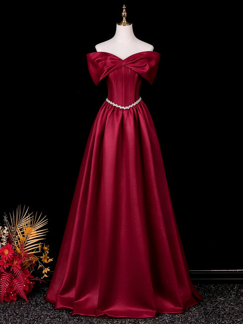 Wine Red Satin A-line Long Prom Dress with Beadings, Wine Red Off Shoulder Floor Length Party Dress