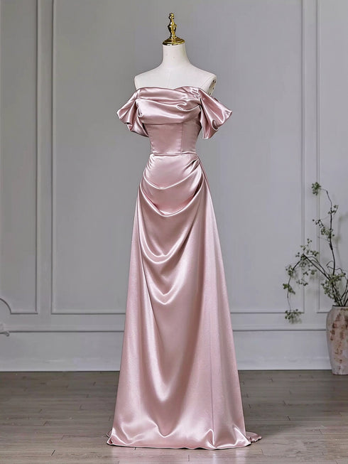 A-line Pink Off Shoulder Satin Long Party Dress Prom Dress, Pink Strapless Long Evening Dress