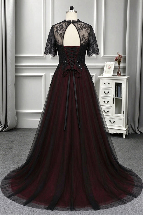 Gothic Black and Wine Red Tulle Prom Dress, A-line High Neckline Long Wedding Party Dress