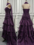 Purple Satin Straps Layers Long Prom Dress with Flowers, Purple High Low Formal Dress