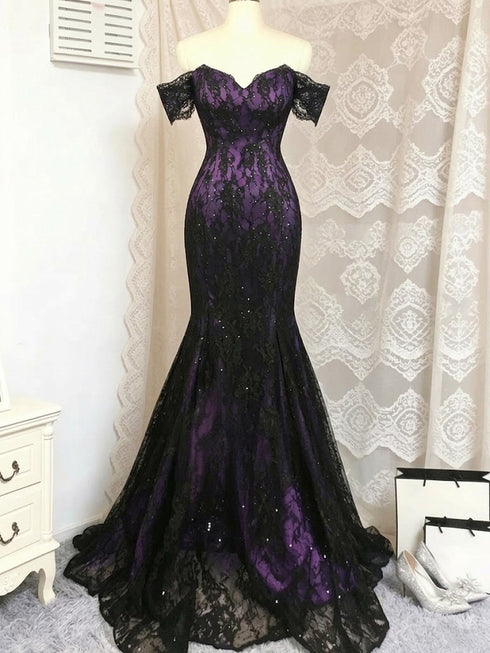 Gothic Black and Purple Lace Sweetheart Mermaid Prom Dress, Off Shoulder Long Party Dress