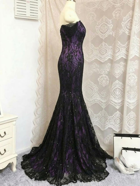 Gothic Black and Purple Lace Sweetheart Mermaid Prom Dress, Off Shoulder Long Party Dress