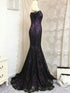 Gothic Black and Purple Lace Sweetheart Mermaid Prom Dress, Off Shoulder Long Party Dress