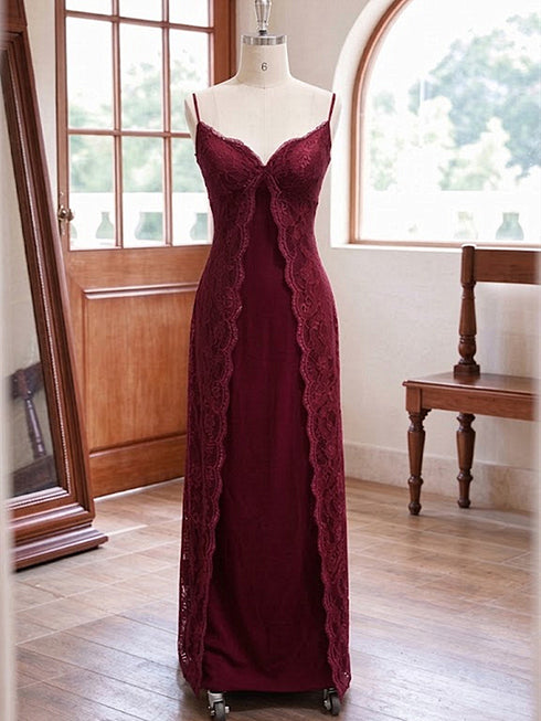 Wine Red Lace Spaghetti Strap Backless Maxi Prom Dress, A-line Wine Red Long EVening Dress