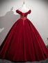 Wine Red Velvet Off Shoulder Prom Dress with Ruffle, Wine Red A-line Party Dress