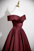 Wine Red Off Shoulder A-line Satin Floor Length Party Dress, Wine Red Long Evening Dress