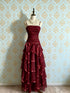 Burgundy Spaghetti Strap Prom Dress, Tiered Ruffle Tulle Evening Gown Wedding Party Dress