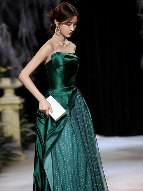 Green Satin and Tulle Strapless A-line Party Dress, Chic Green Long Prom Dress Evening Dress