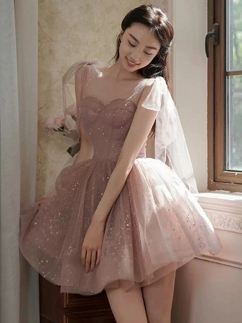 Cute Dark Pink Short Shiny Tulle Sweetheart Party Dress, Dark Pink Homecoming Dress