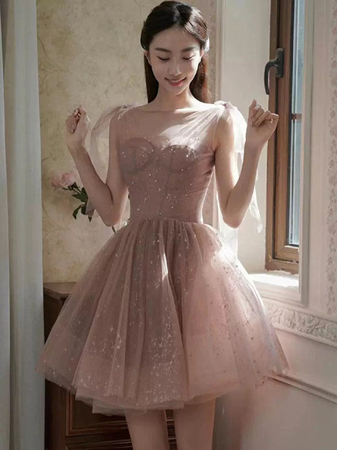 Cute Dark Pink Short Shiny Tulle Sweetheart Party Dress, Dark Pink Homecoming Dress
