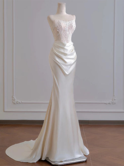 Ivory Satin Strapless Mermaid Long Party Dress, Ivory Satin with Lace Evening Dress Prom Dress