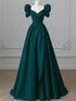 Green Satin Short Sleeves A-line Floor Length Prom Dress, Green Satin Evening Dress